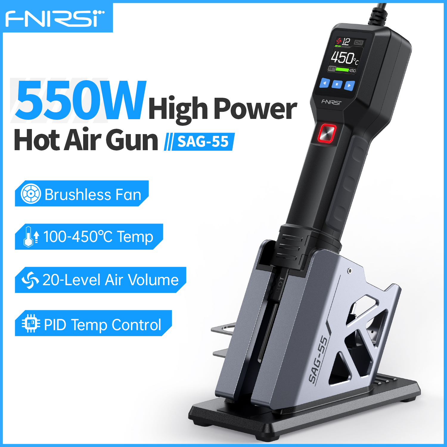 Electronics Repair Equipment - FNIRSI SAG-55 マイクロホットエアガン 550 ワットスタンド付き BGA