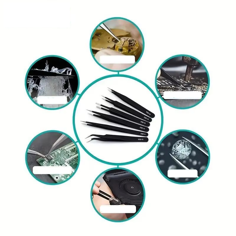 Electronics Repair Tool - 6 個の ESD 帯電防止ステンレス鋼ピンセット修理ツール、電子機器修理、はんだ付け、精密作業用の長ピンセットセット