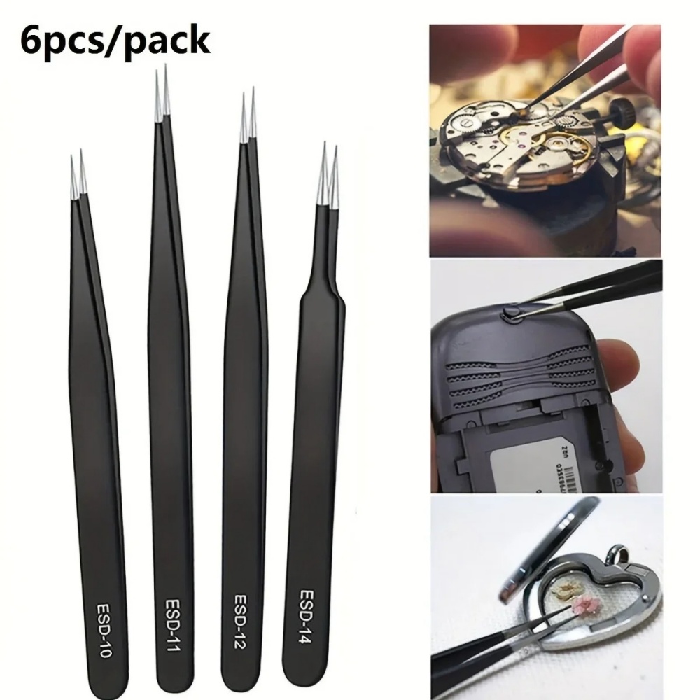 Electronics Repair Tool - 6 個の精密ロングピンセットセット ESD 帯電防止ステンレス鋼ピンセット修理ツール電子機器修理はんだ付けクラフト用